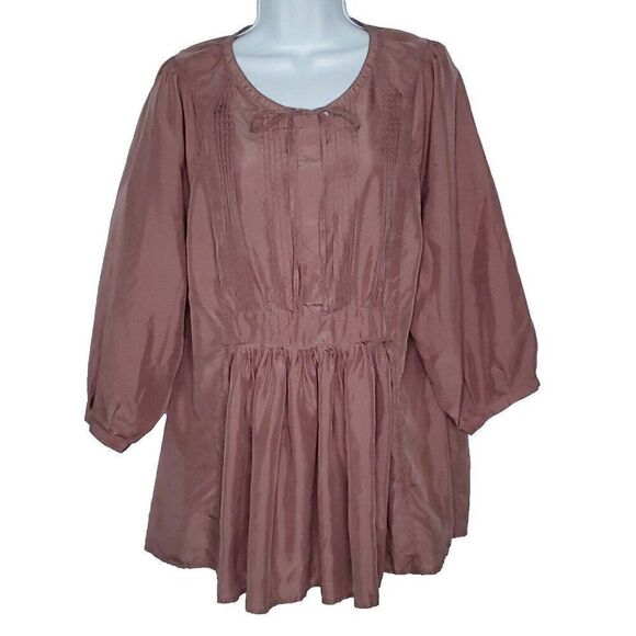 Garnet Hill Silk Peasant Boho Blouse 14 Tuxedo Pleats Gathered Front Mauve Pink - Picture 1 of 6